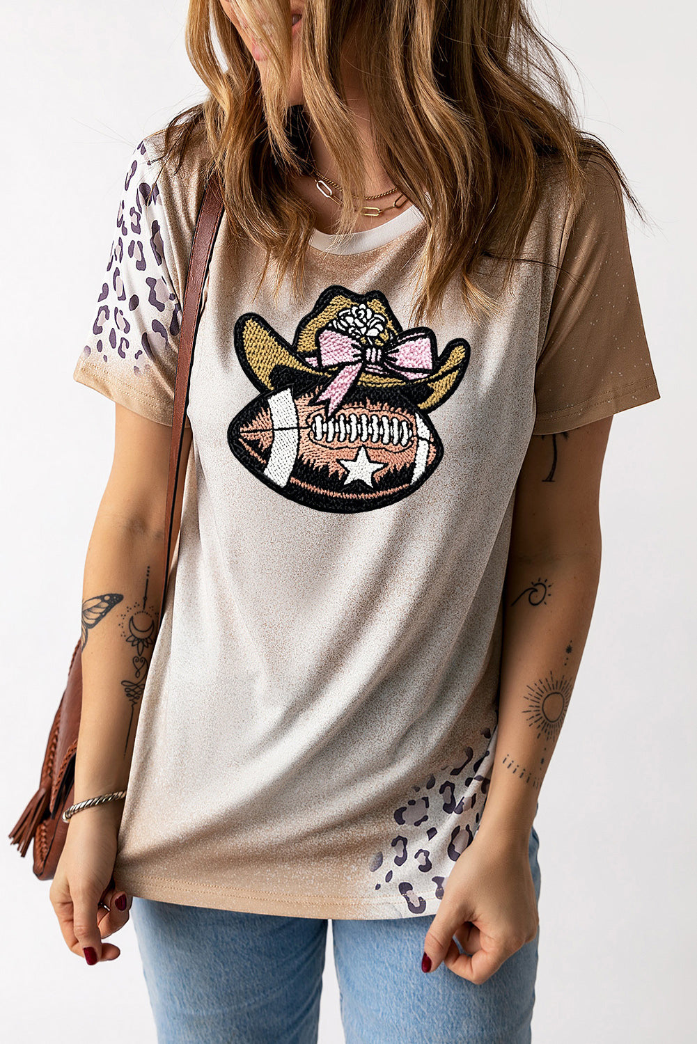 Short Sleeve Leopard Patch Football Graphic Top