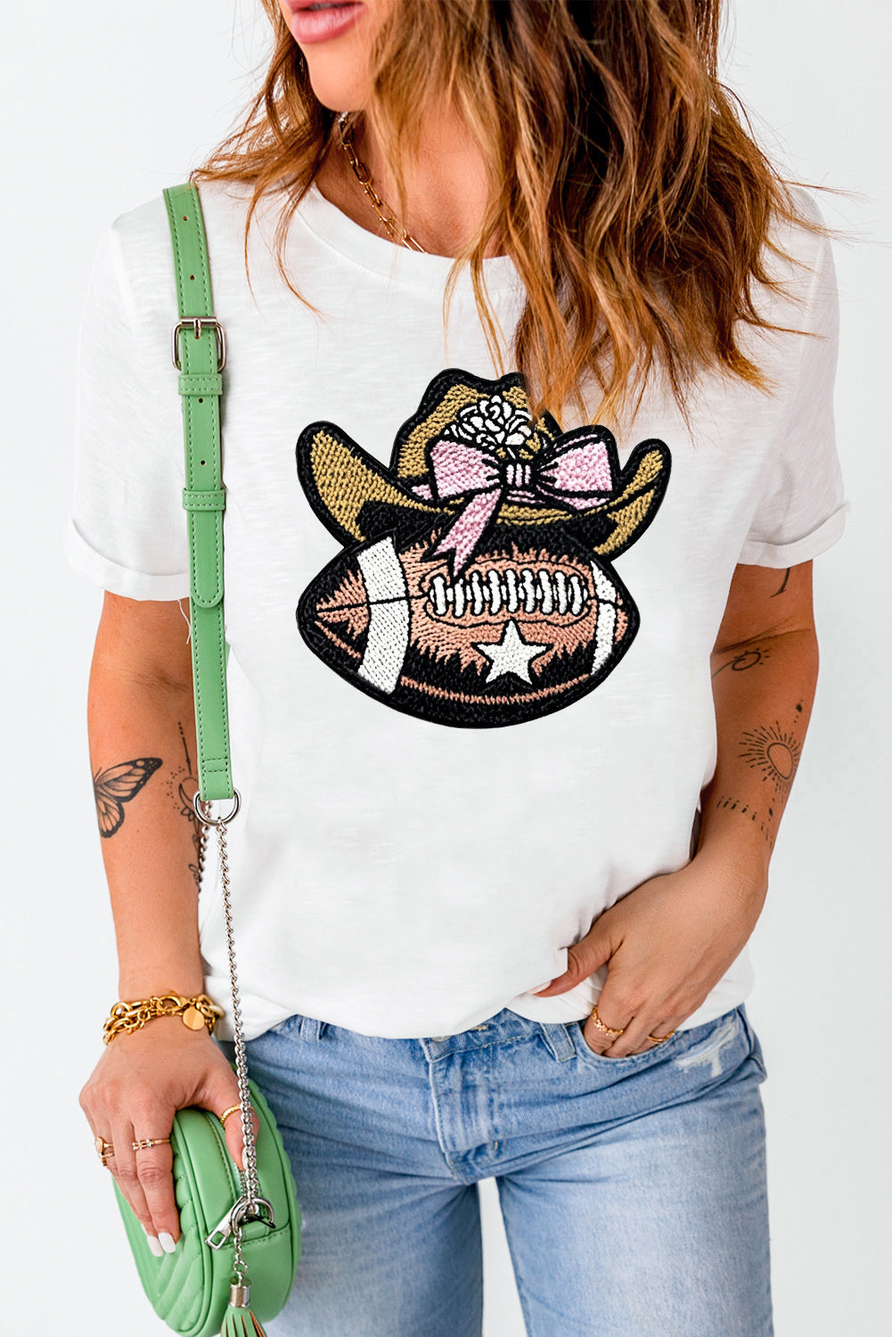 Western Cowgirl Football Embroidery Graphic T-Shirt