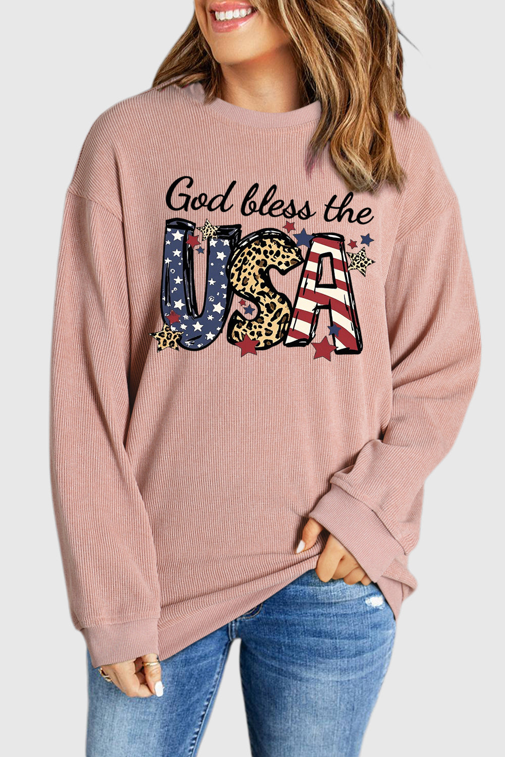 Graphic Sweatshirt with Leopard Print and Stars God Bless the USA