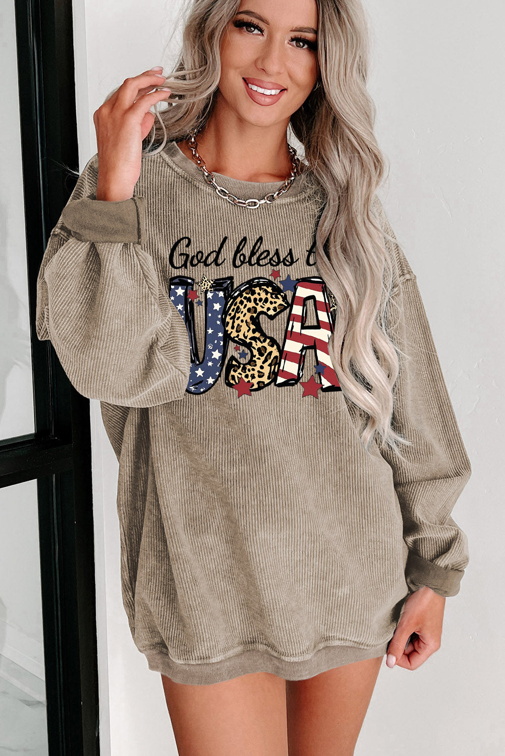 Graphic Sweatshirt with Leopard Print and Stars God Bless the USA