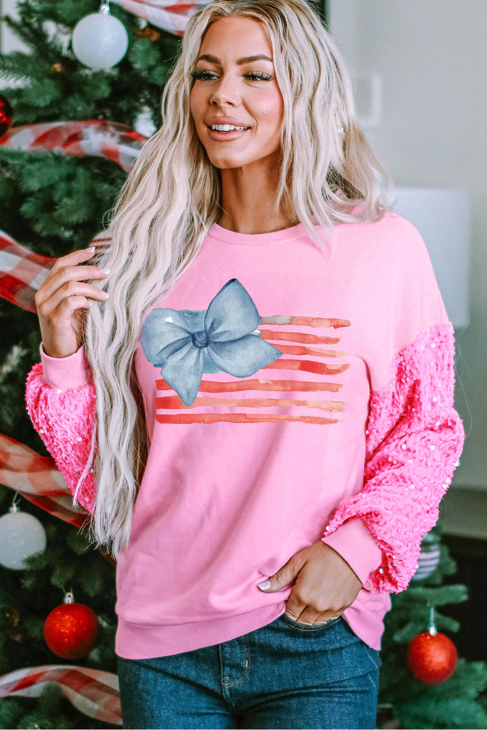 Sparkle Flag Print Pullover with Blue Bow Detail