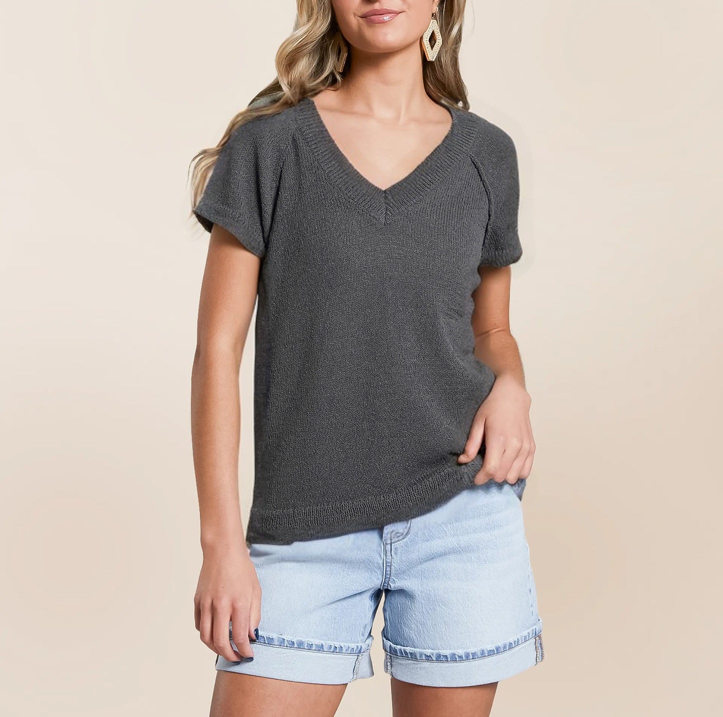 V Neck Short Sleeve Knit Sweater Top for Women