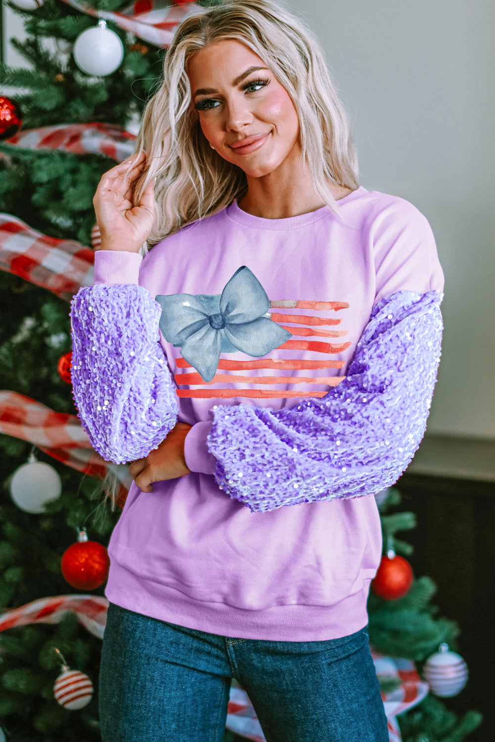 Sparkle Flag Print Pullover with Blue Bow Detail