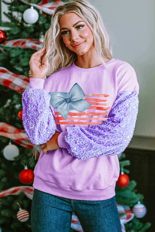 Sparkle Flag Print Pullover with Blue Bow Detail