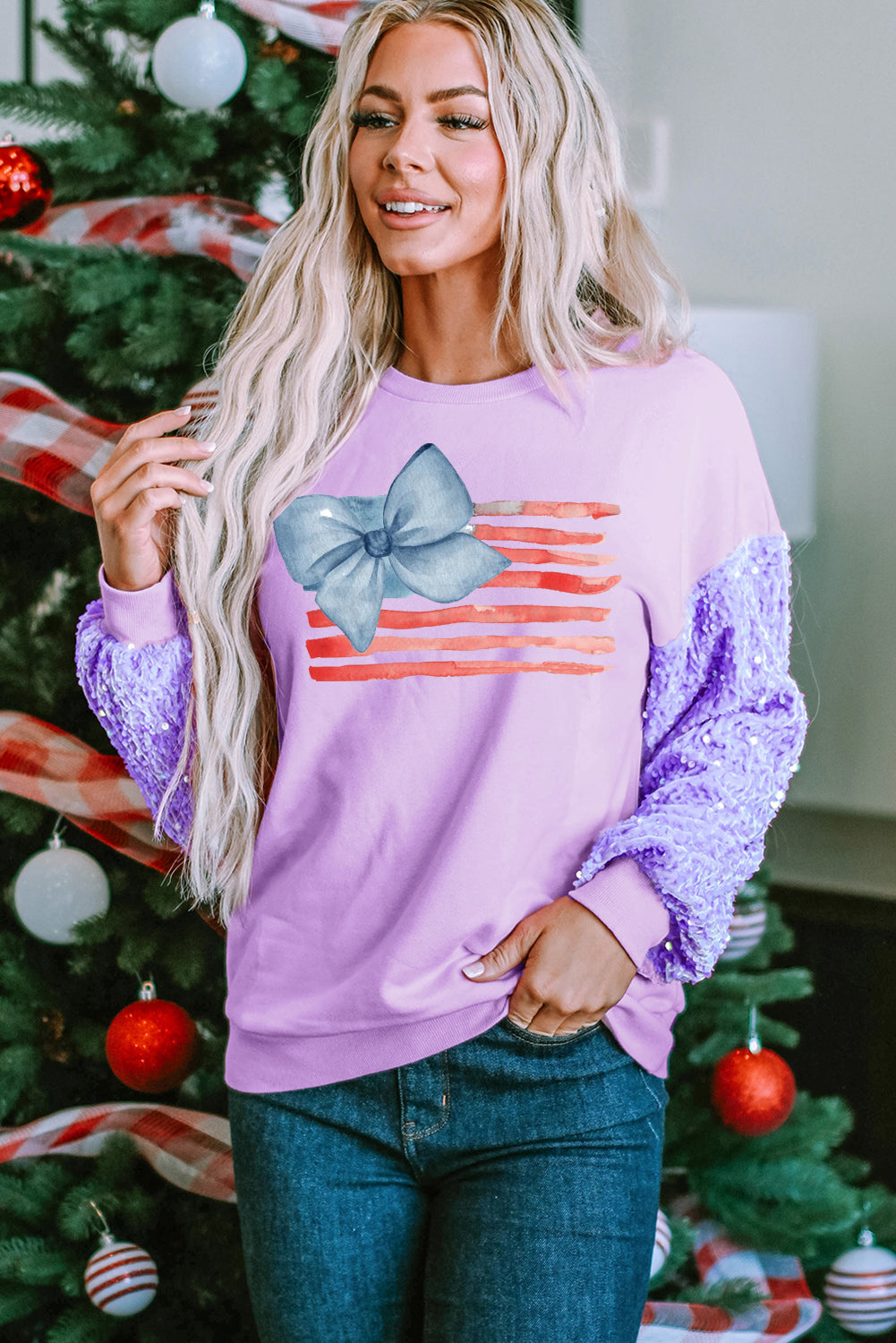 Sparkle Flag Print Pullover with Blue Bow Detail