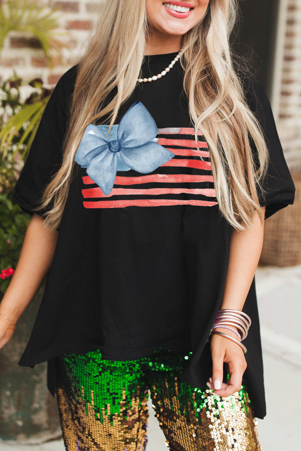 Casual Hi-Low Hem T Shirt with Watercolor Flag Print