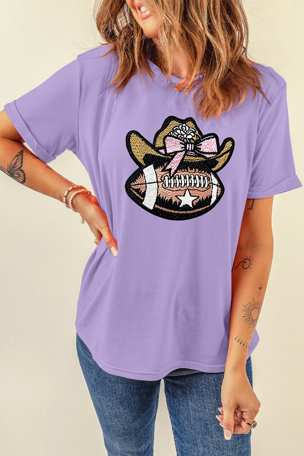 Western Cowgirl Football Embroidery Graphic T-Shirt