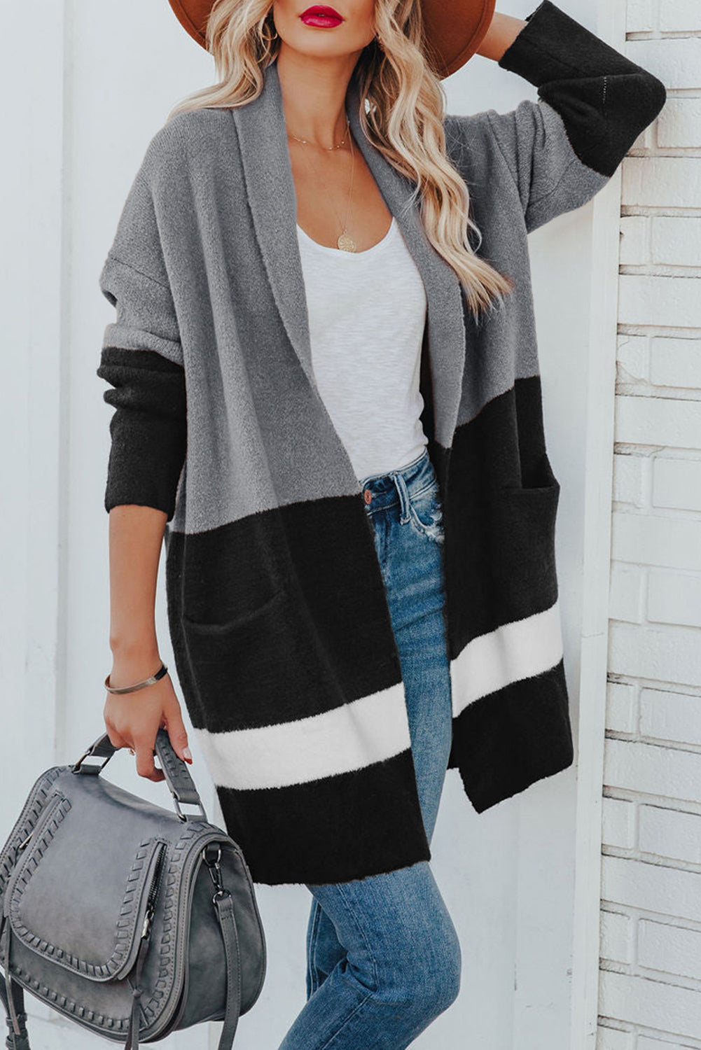 Gray Gingerbread Latte Colorblock Pocketed Cardigan