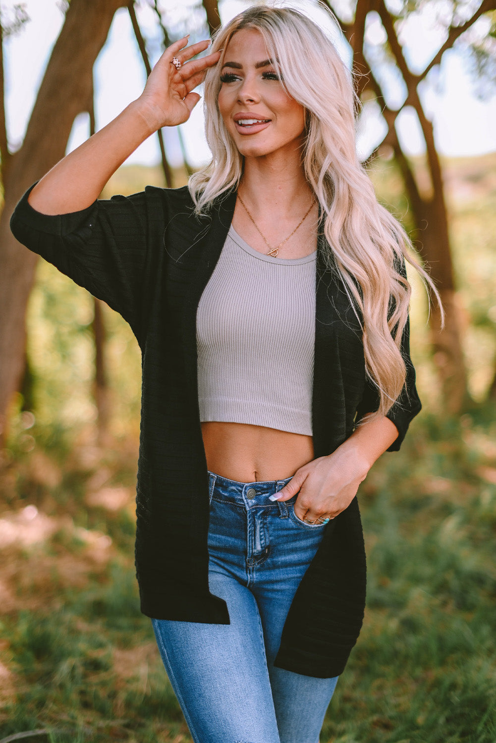 Black Ribbed Open Front Knit Cardigan