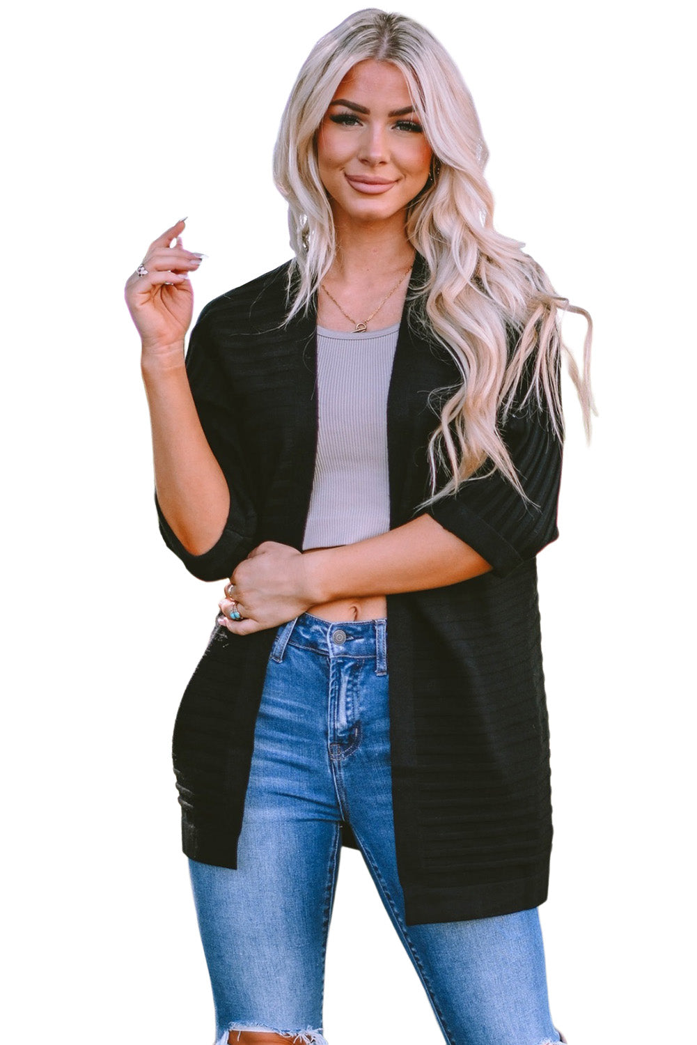 Black Ribbed Open Front Knit Cardigan