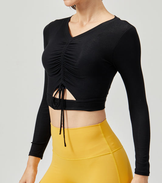 LOVESOFT Womens Black Thin Drawstring Adjustable Long Sleeve Top
