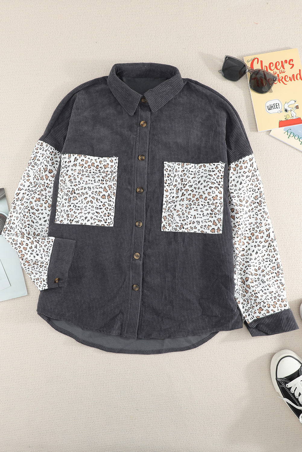 Gray Leopard Patchwork Corduroy Buttoned Shirt Jacket