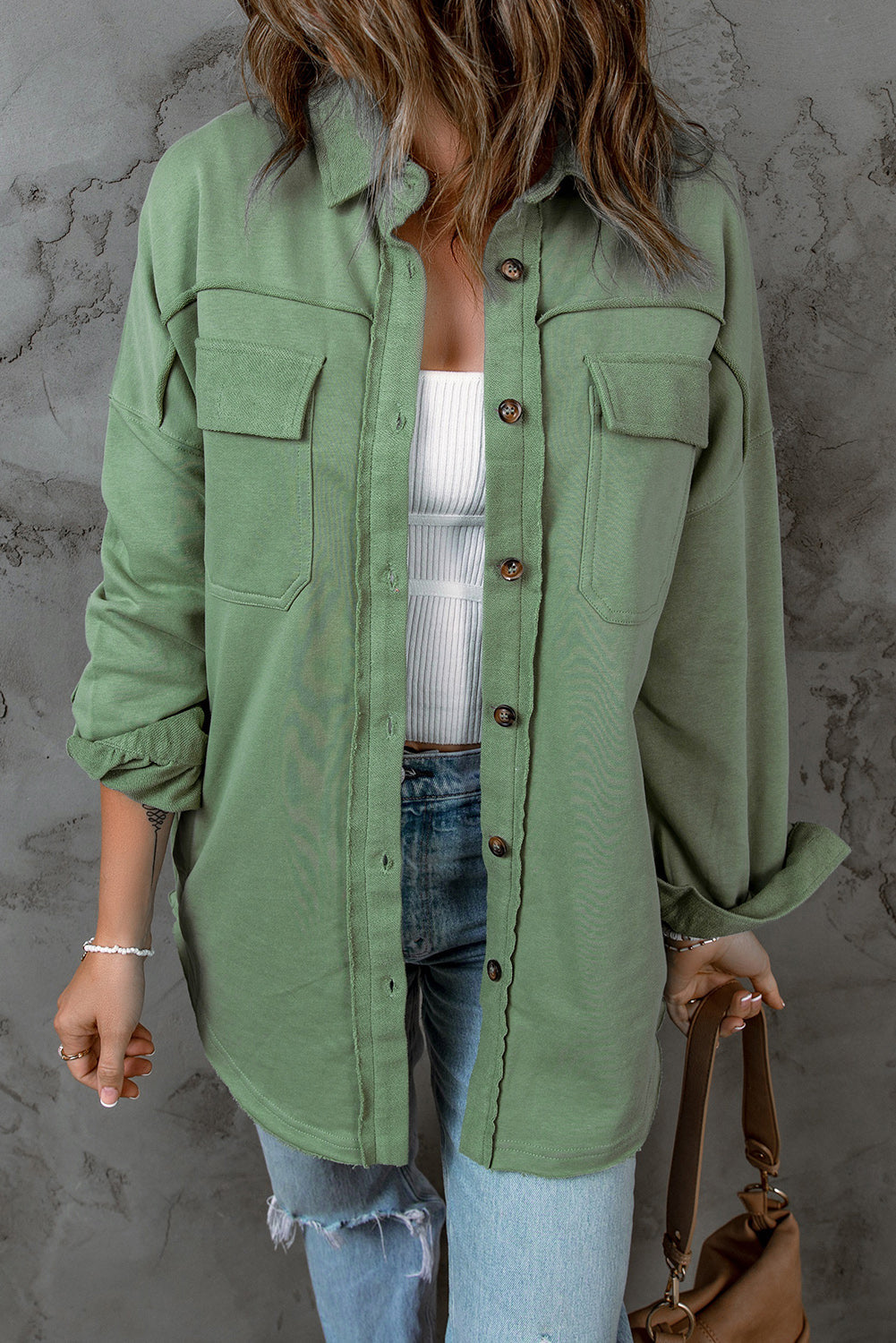 Green Buttoned Long Sleeve Pocketed Shirt Jacket