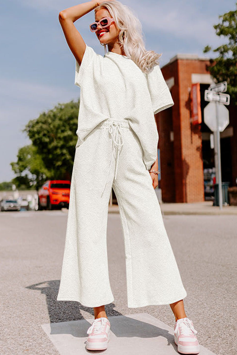 Bright White Textured Loose Fit T Shirt and Drawstring Pants Set