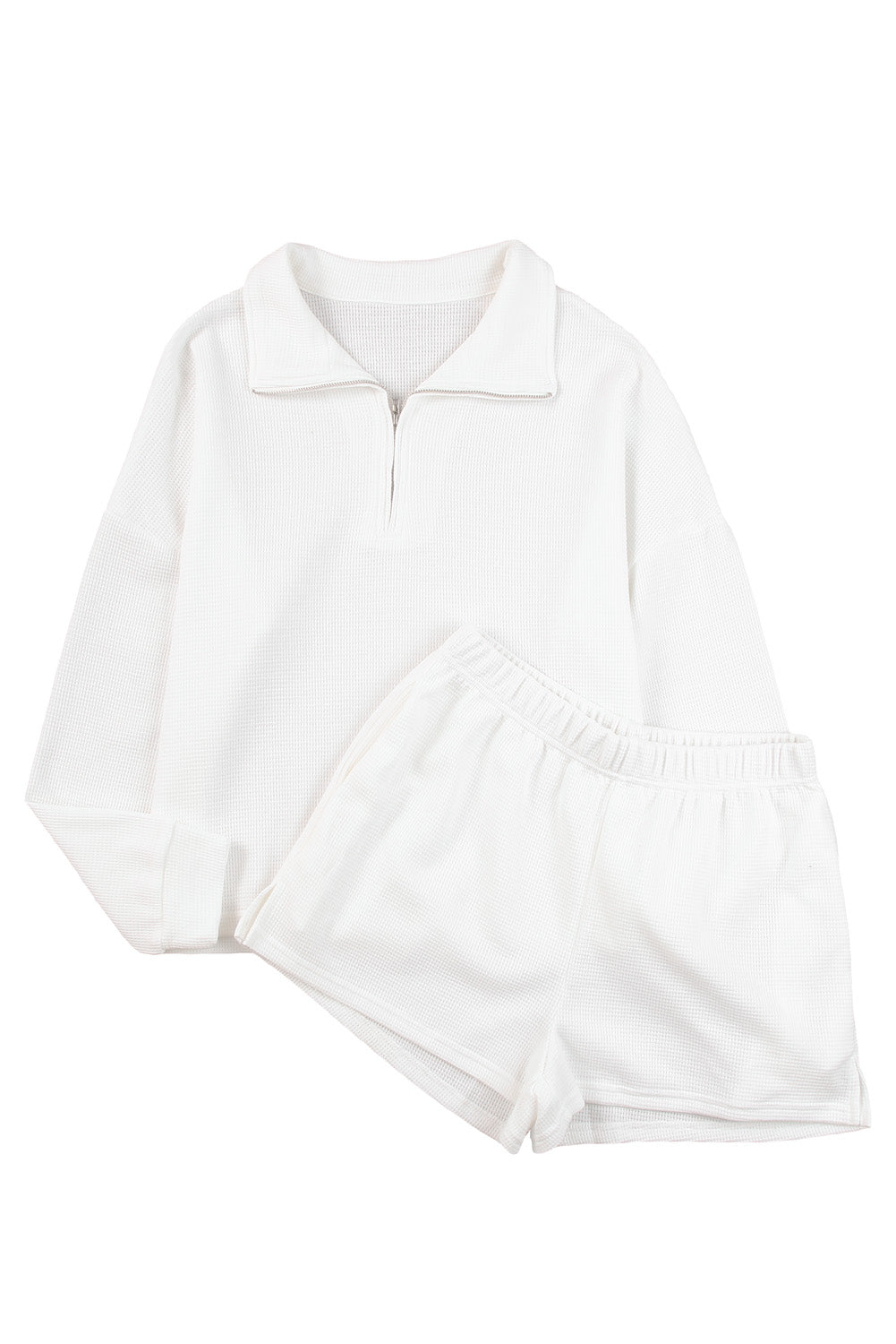 White Ribbed Zipper Sweatshirt and High Waist Shorts Set