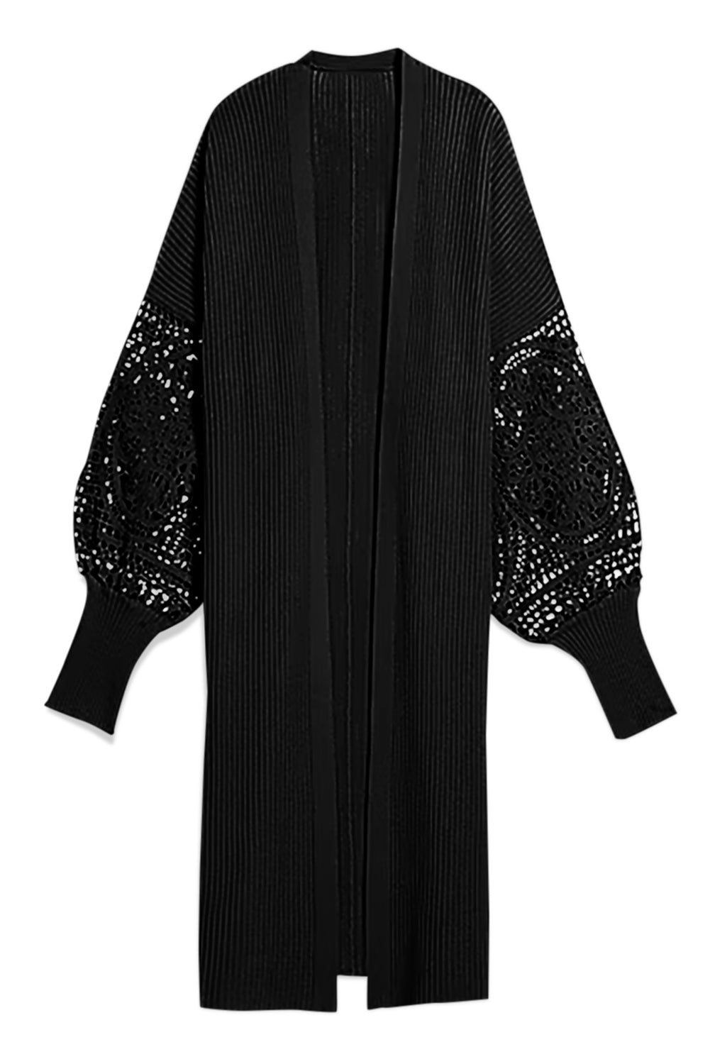 Black Crochet Lace Sleeve Ribbed Knit Cardigan