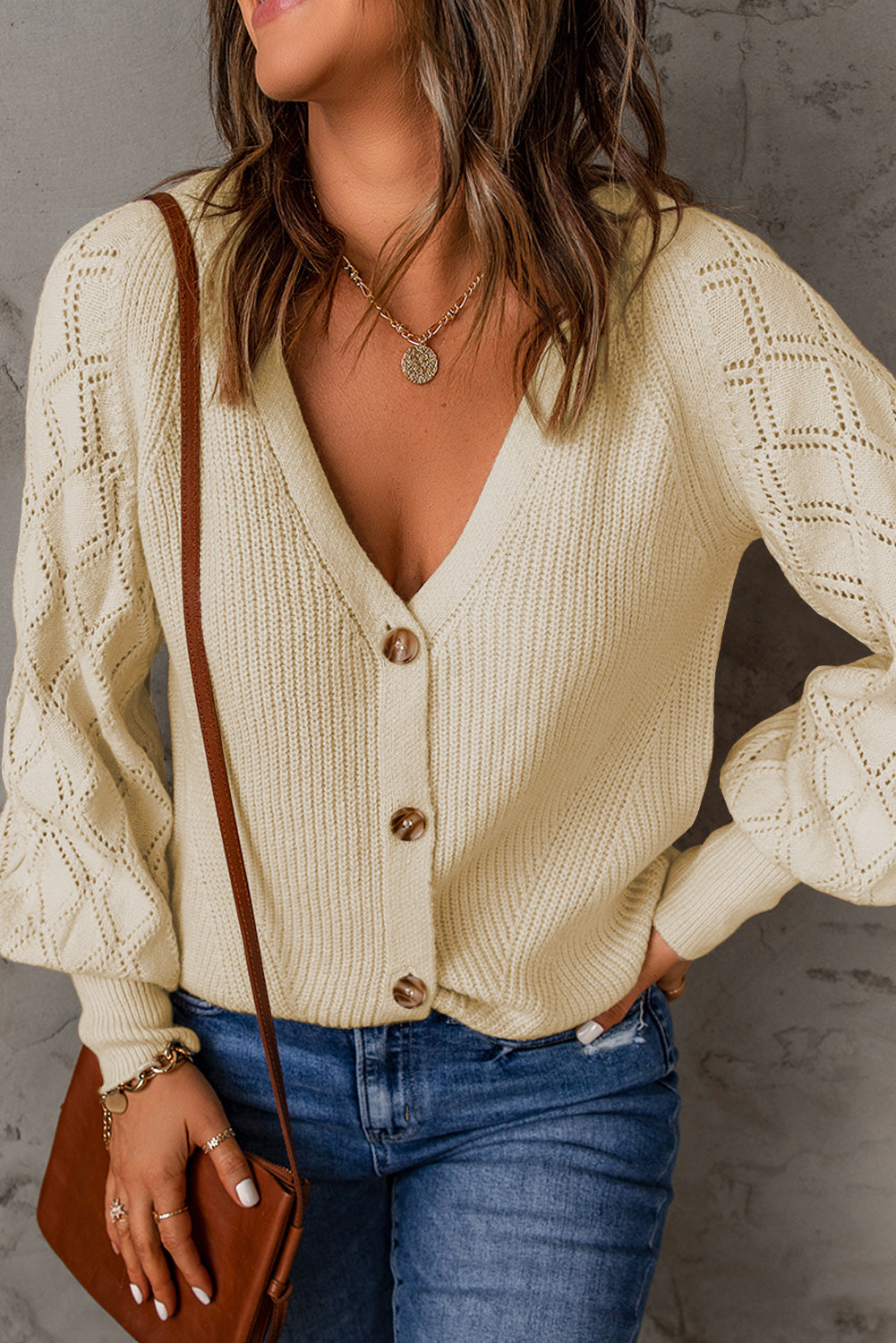 Apricot Bishop Sleeve Button V Neck Sweater