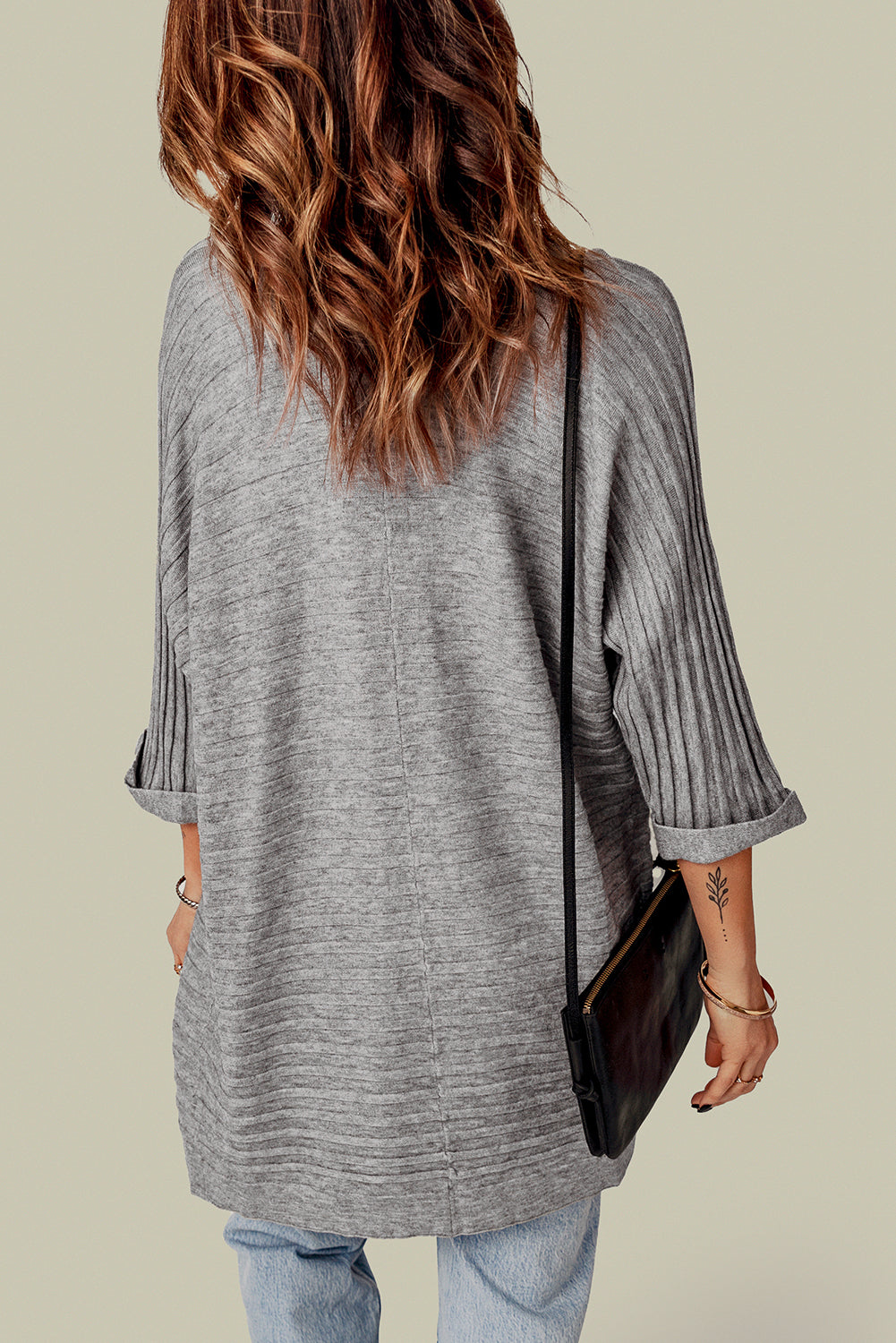 Gray Ribbed Open Front Knit Cardigan