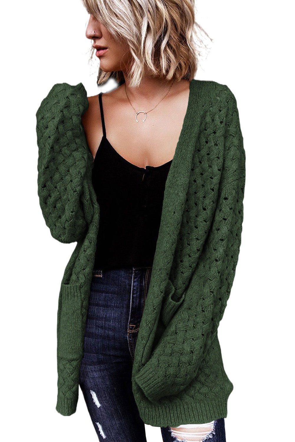 Green Open Front Woven Texture Knitted Cardigan with Pockets