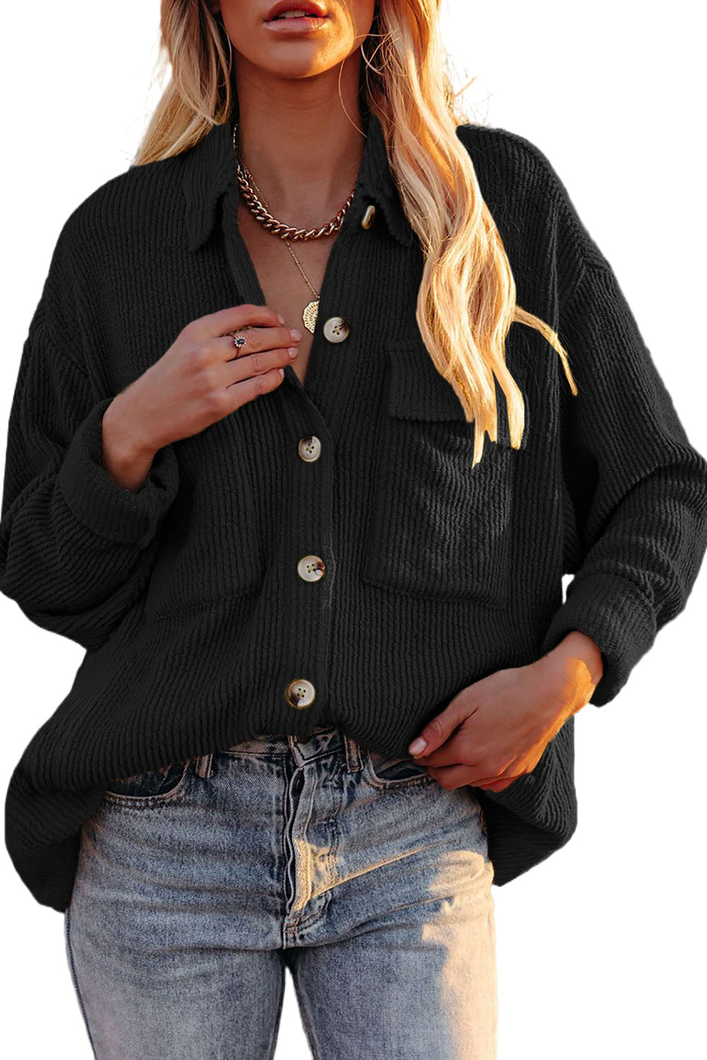 Black Pocketed Button Ribbed Textured Shacket