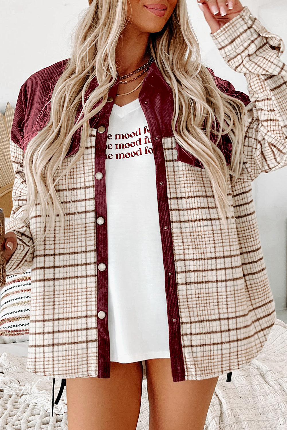 Red Plaid Patchwork Button-up Shift Shirt Jacket