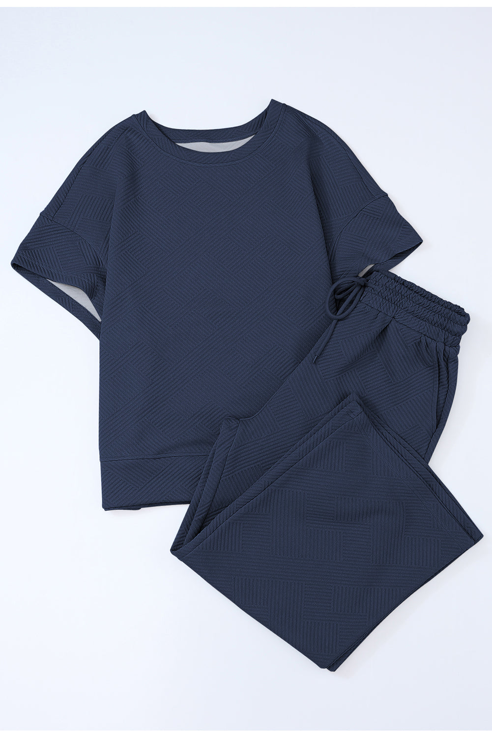 Navy Blue Textured Loose Fit T Shirt and Drawstring Pants Set