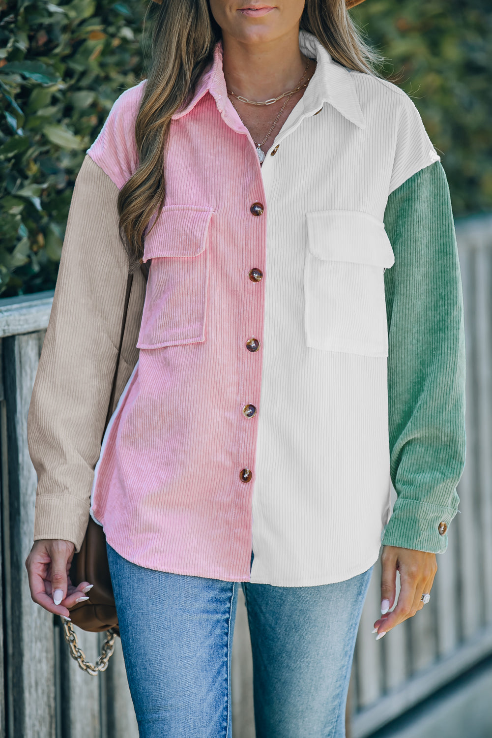 Pink Color Block Button Shirt with Pocket