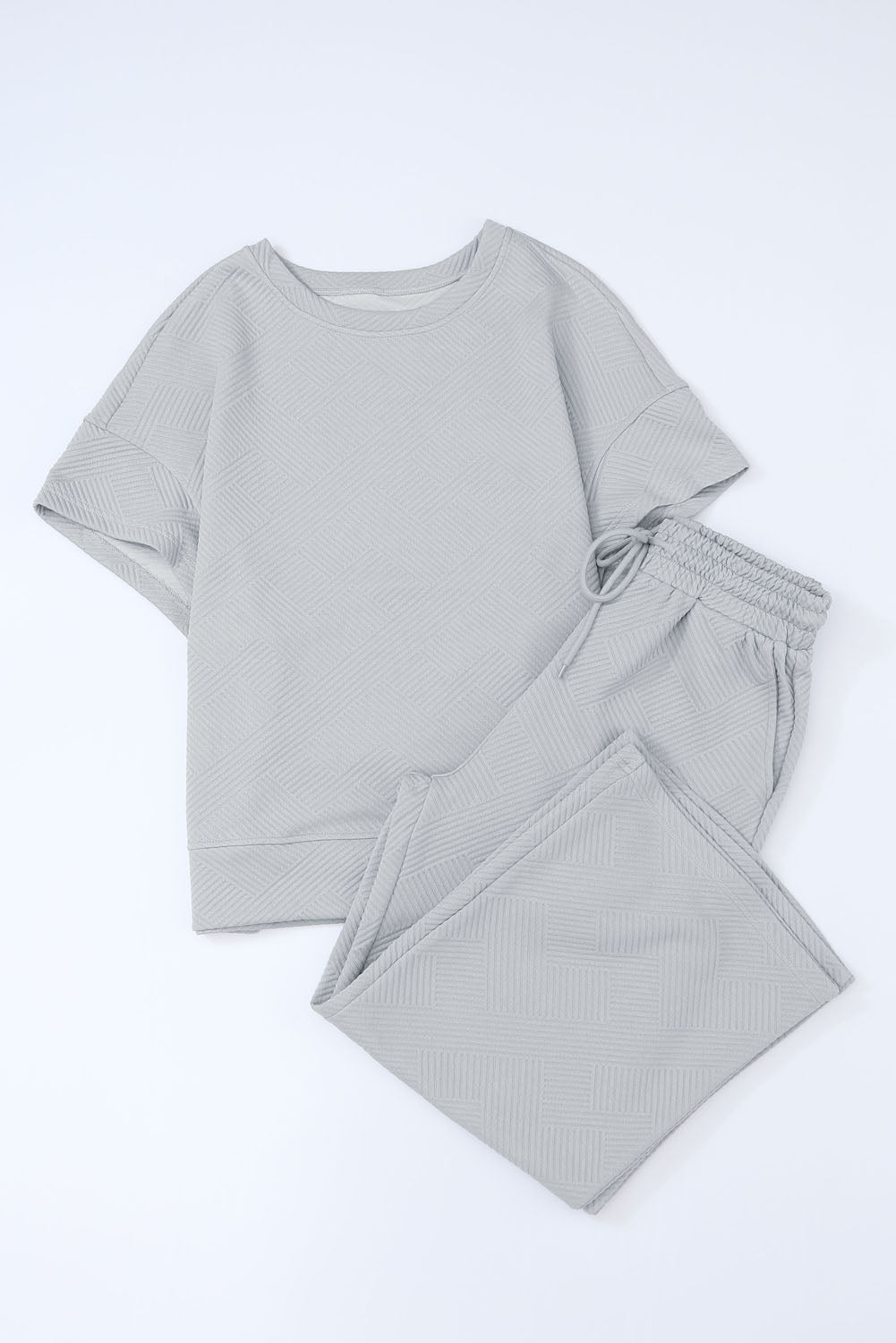Gray Textured Loose Fit T Shirt and Drawstring Pants Set