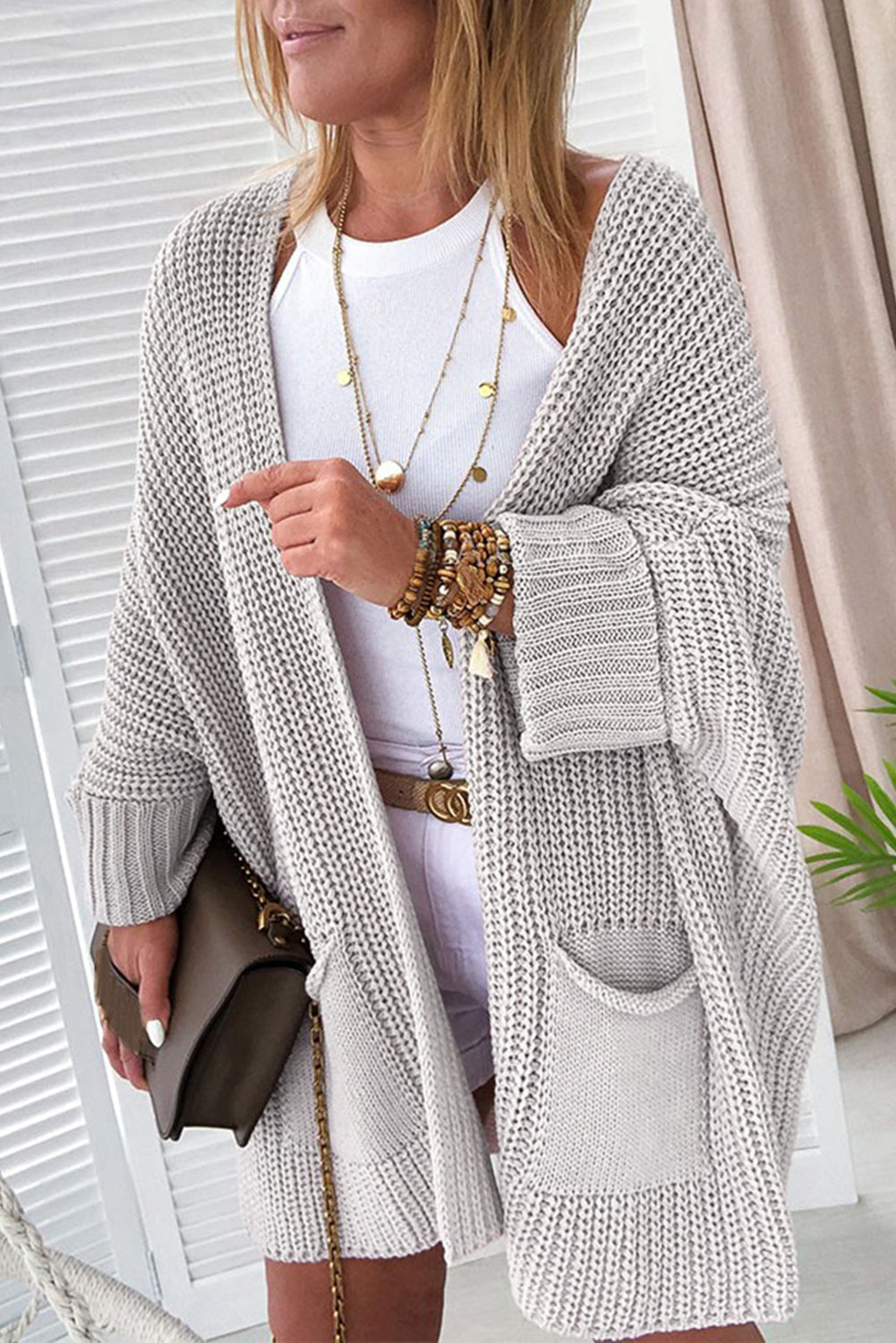 Gray Oversized Fold Over Sleeve Sweater Cardigan