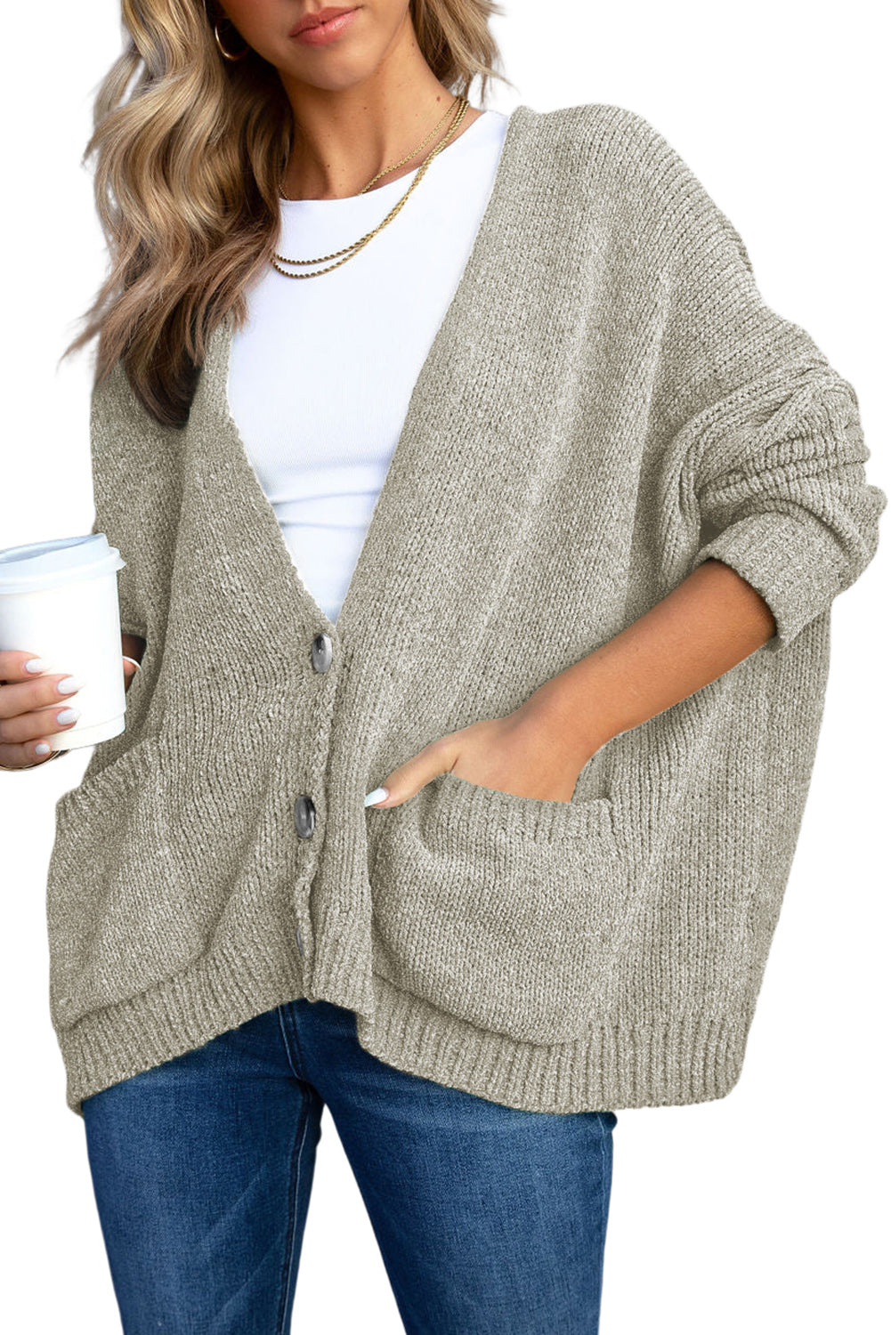 Gray Buttons Front Pocketed Sweater Cardigan
