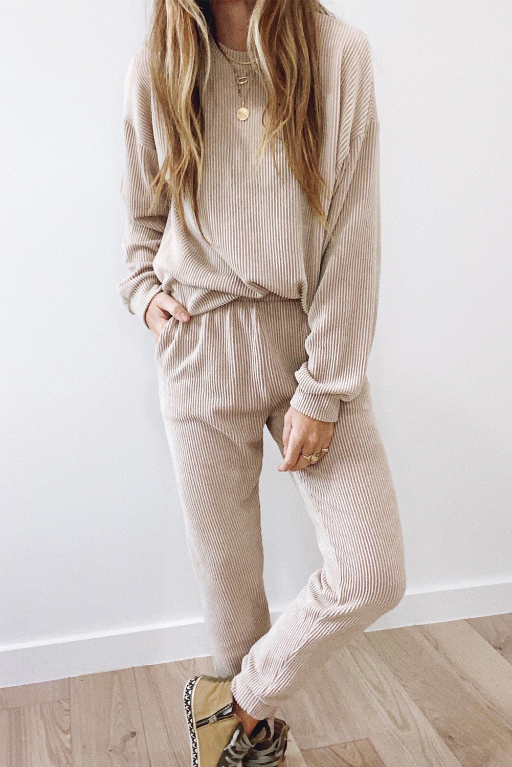 Apricot Pocketed Drop Shoulder Corded Sweat Suit