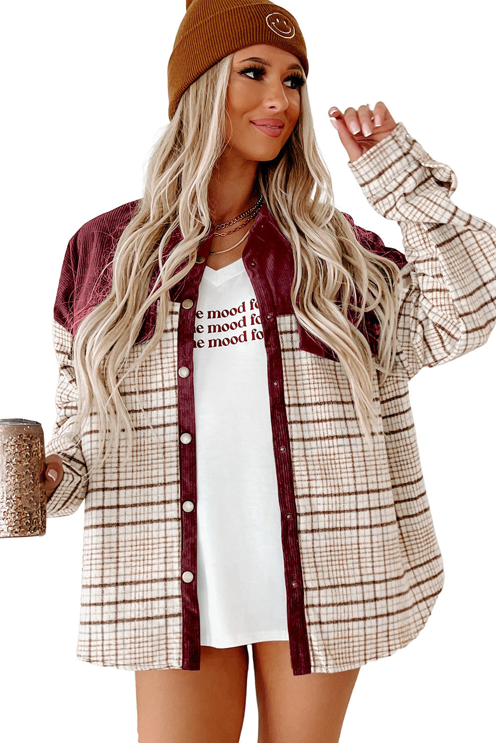 Red Plaid Patchwork Button-up Shift Shirt Jacket