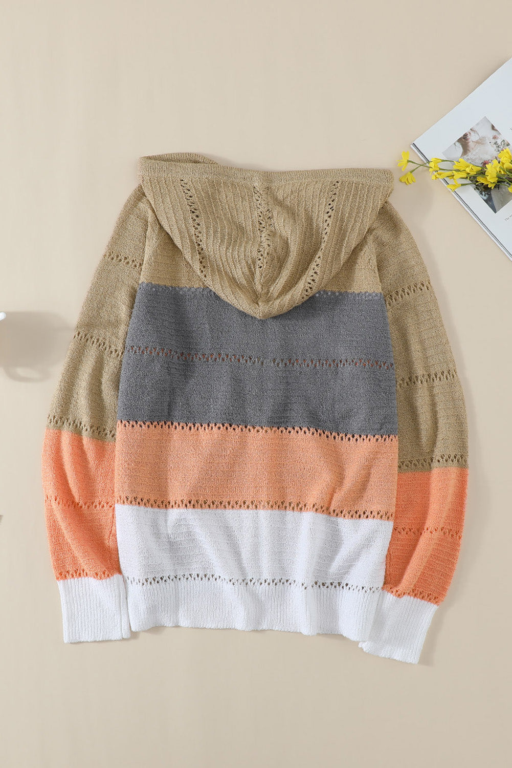 Multicolor Zipped Front Colorblock Hollow-out Knit Hoodie