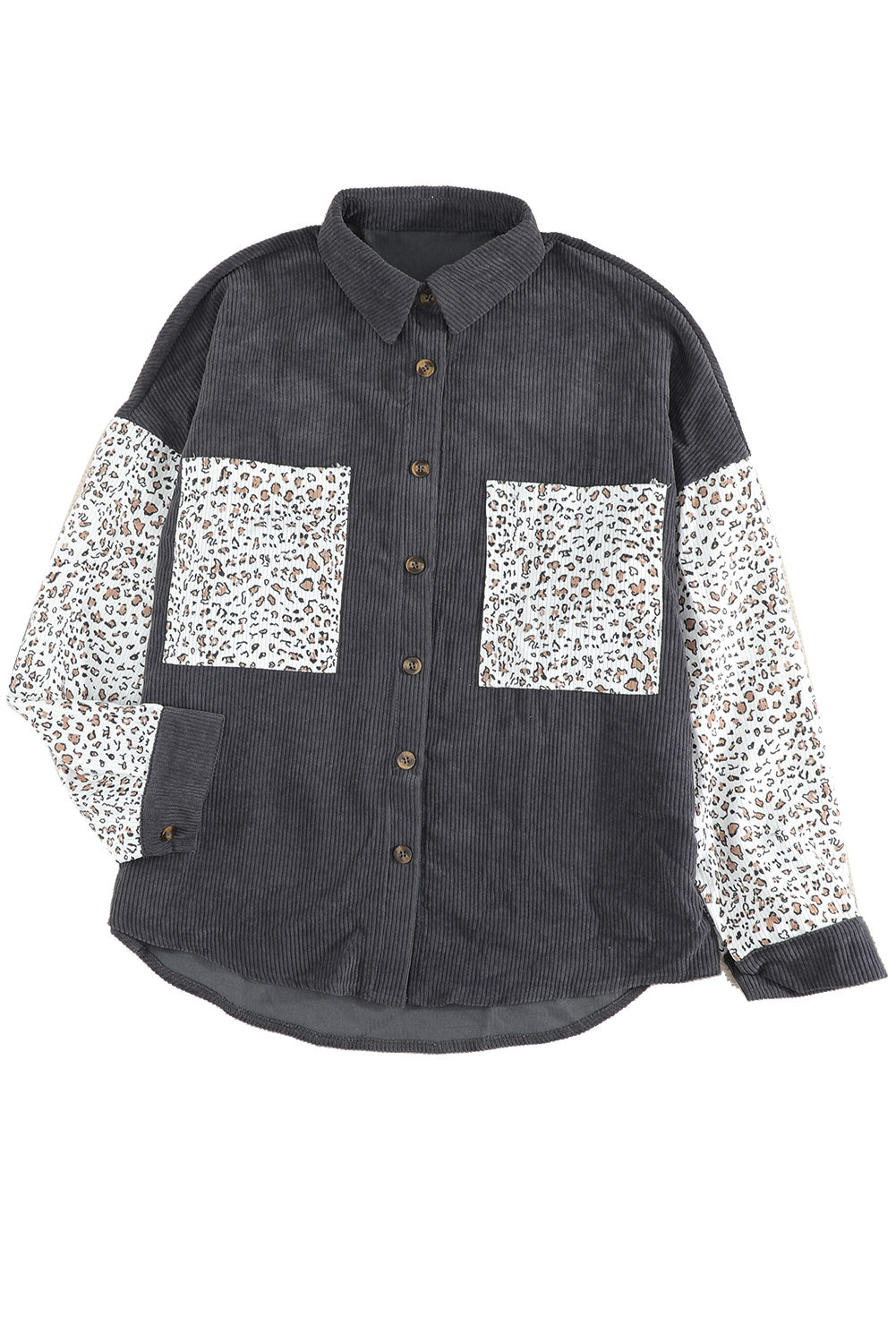 Gray Leopard Patchwork Corduroy Buttoned Shirt Jacket