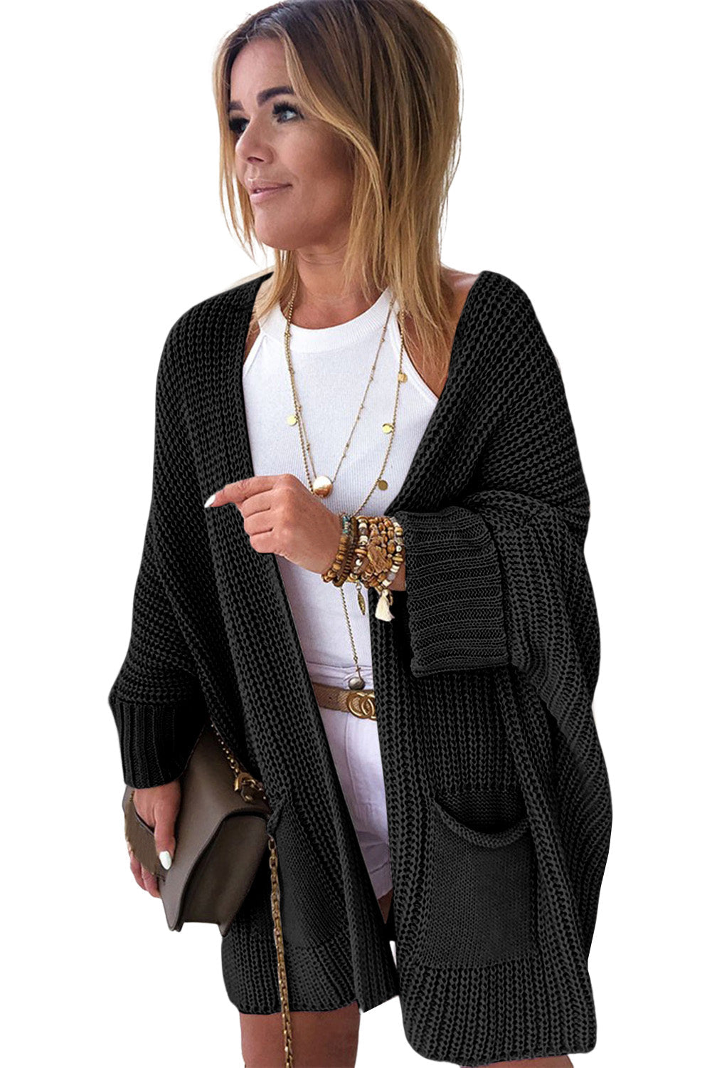 Black Oversized Fold Over Sleeve Sweater Cardigan